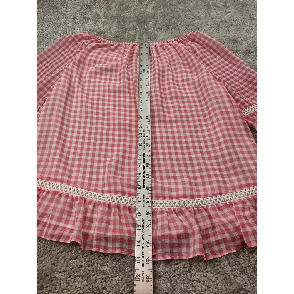 JOHN PAUL RICHARD WOMENS PINK PLAID LAYERD BELL SLEEVE RUFFLE BOTTOM TOP MEDIUM - Picture 9 of 10